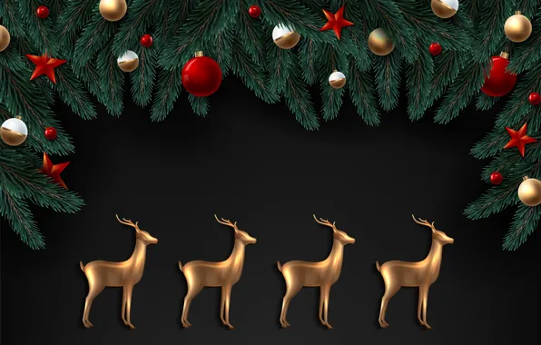 Photo, Branches, Balls, Stars, New year, Deer, Vector graphics