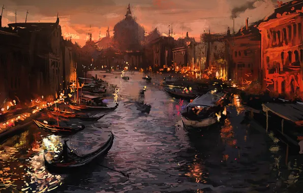The city, lights, river, boat, the evening, Venice, art, Venice