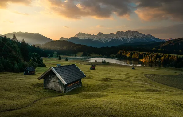 Mountains, Alps, house