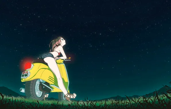Field, stars, dreams, night, anime, scooter, field, anime