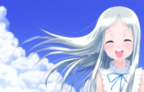 The sky, clouds, smile, tears, Anime, long hair, white hair, sundress