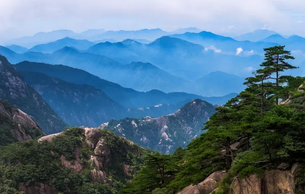 Clouds, mountains, fog, rocks, China, Anhui