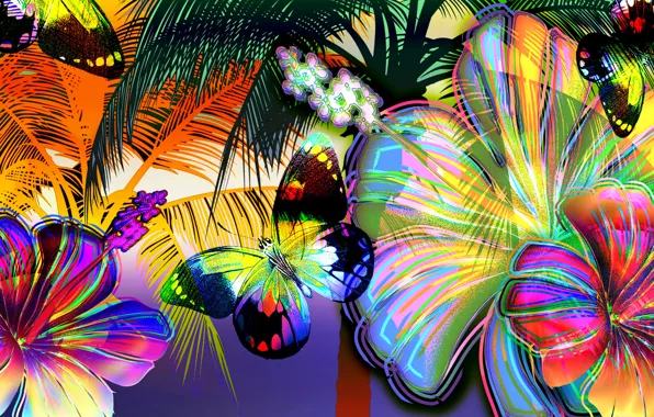 Flowers, palm trees, butterfly, figure, art