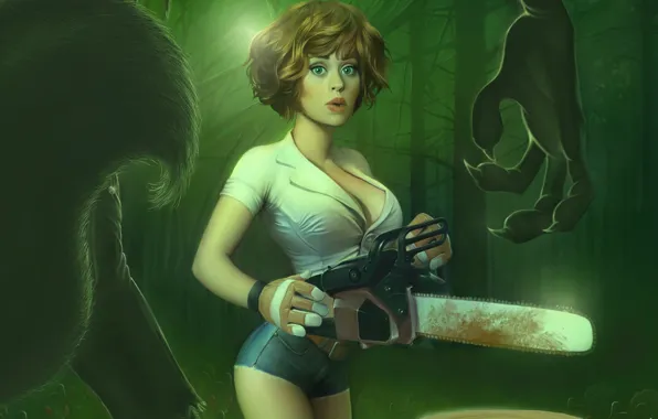 Forest, girl, night, blood, Art, chainsaw, the girl, and the weresquirrel