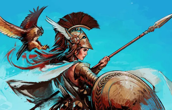 Bird, God, helmet, spear, shield, goddess, Athena, greek mythology