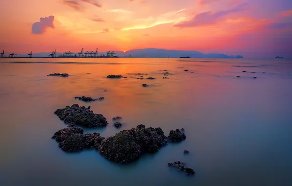 Picture sea, the sky, clouds, sunset, mountains, stones, crane, port