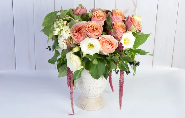 Roses, bouquet, eustoma, gillyflower, amaranth