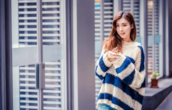Picture look, girl, hair, brown hair, Asian, sweater