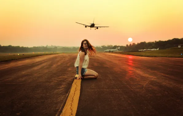 Picture girl, aircraft, runway