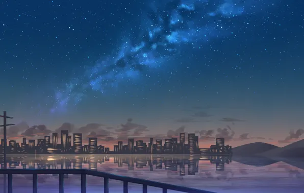 Sea, the sky, night, the city, the milky way