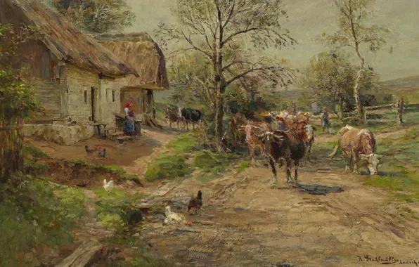 German painter, German painter, oil on canvas, Carl Stuhlmuller, Karl Chair Müller, Cowherd with herd …