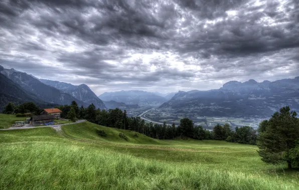 Picture grass, clouds, trees, mountains, river, field, valley, slope