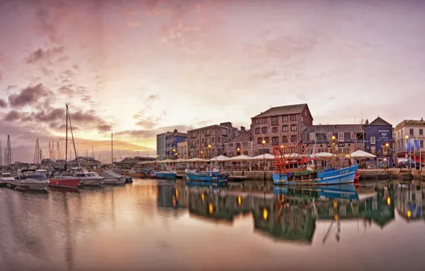 Picture sea, dawn, home, Bay, yachts, promenade, fishing boats