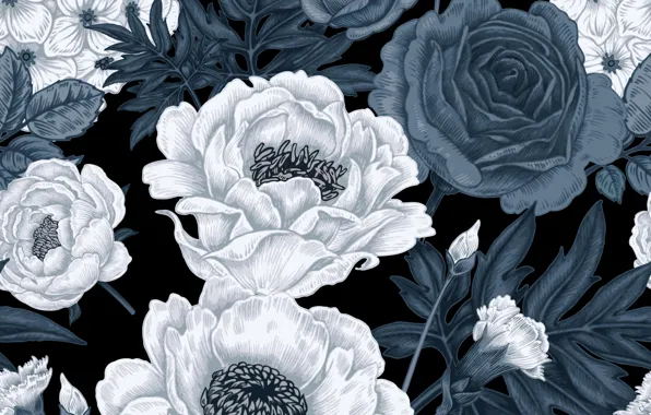 White, flowers, grey, background, pattern, roses, texture, pattern