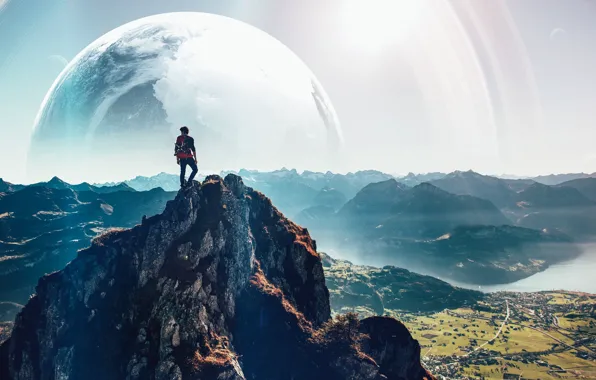 Mountains, The city, Rocks, People, Planet, View, City, Landscape