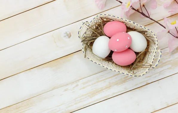 Flowers, eggs, spring, Easter, pink, wood, pink, blossom
