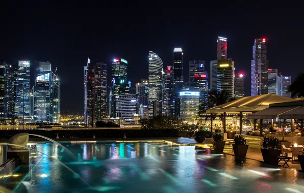 Night, lights, building, Singapore, skyscrapers