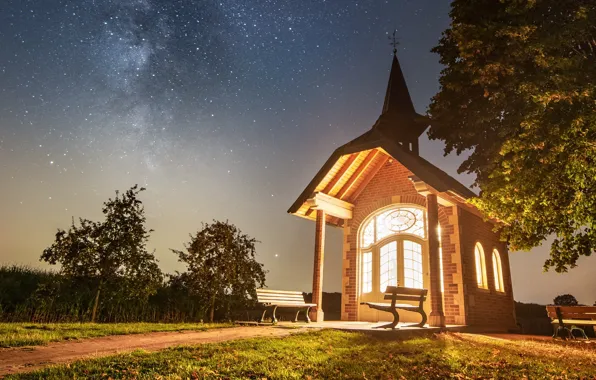 The sky, grass, light, trees, night, the building, stars, lantern