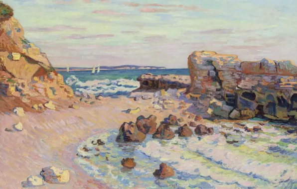 Sea, landscape, stones, boat, picture, sail, Arman Hyomin, Armand Guillaumin