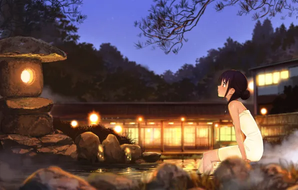 Water, girl, night, art, hot springs