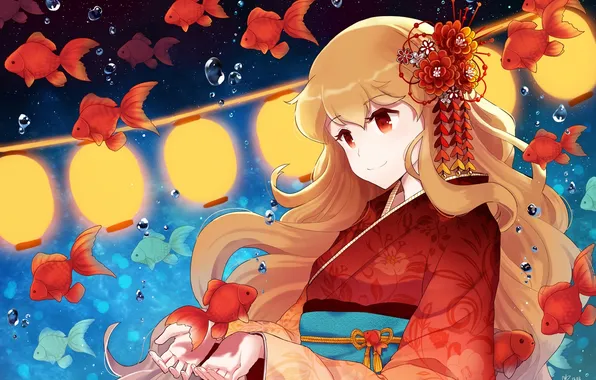 Picture girl, drops, fish, flowers, anime, art, kimono, lanterns