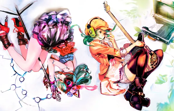 Picture girls, guitar, headphones, art, microphone, suitcase, vocaloid, hatsune miku