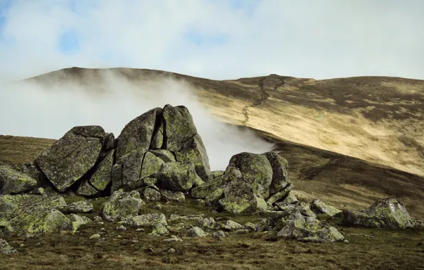 Picture fog, stones, hills
