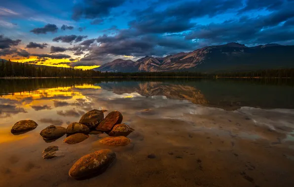 Forest, mountains, lake, reflection, dawn
