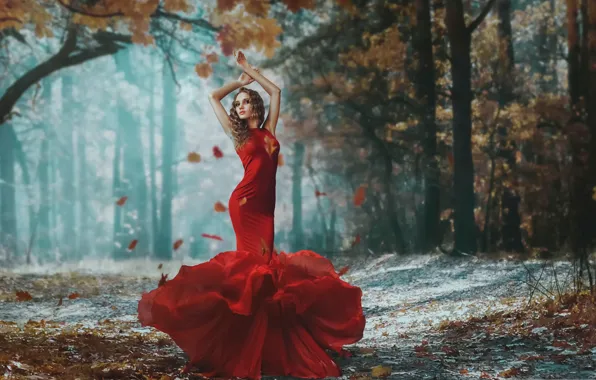Girl, figure, dress, in red, falling leaves, autumn forest, Darya Chacheva