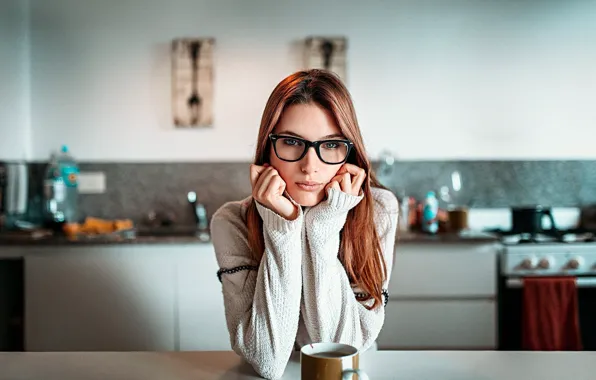 Picture look, girl, pose, table, model, portrait, makeup, glasses