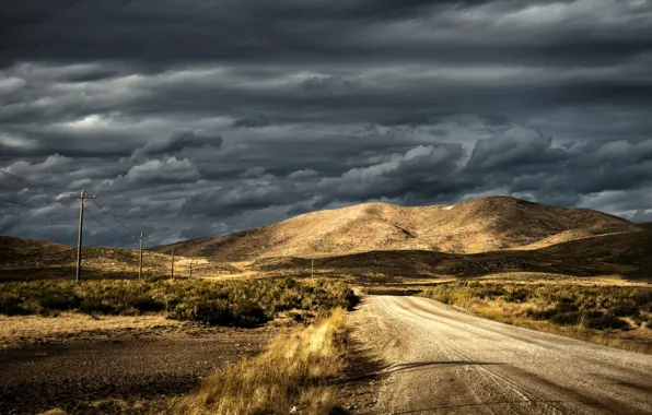 Road, the sky, mountain, power lines