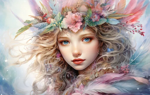 Look, girl, flowers, fantasy, hair, portrait, fantasy, elf