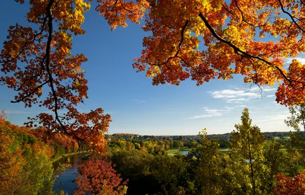 Autumn, the sky, trees, lake, river, hills, home