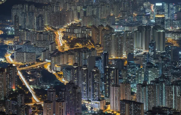 The city, movement, view, Hong Kong, lights, night, Peter Stewart