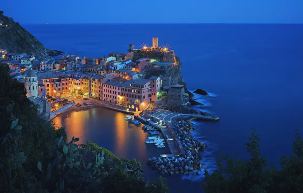 Sea, night, lights, Bay, Italy, Vernazza, Cinque Terre