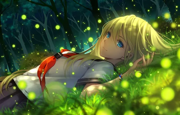 Picture forest, summer, girl, glare, stay, anime, art, schoolgirl