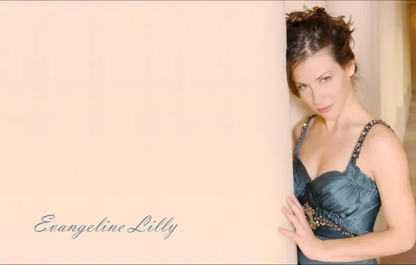 Picture look, girl, wall, the inscription, dress, actress, beauty, Evangeline Lilly