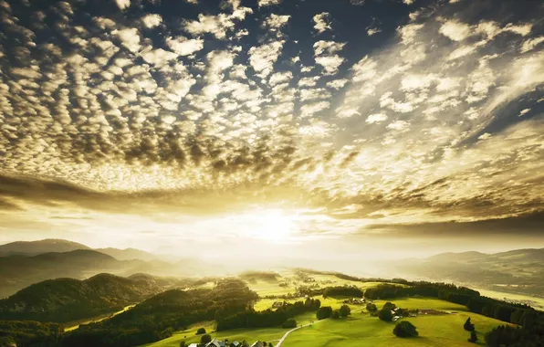 Forest, the sky, clouds, mountains, hills, village