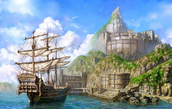 Picture sea, clouds, ship, art, lineage 2, chronicle 4