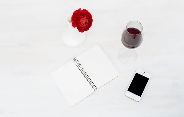 Flower, wine, glass, Notepad, phone