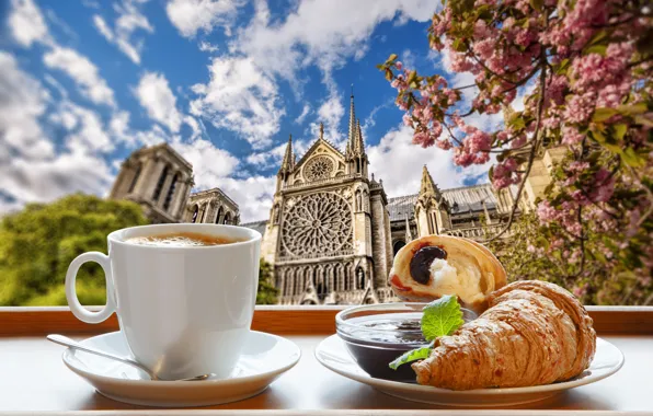 Picture Paris, coffee, Breakfast, Paris, cathedral, France, Our Lady, cup
