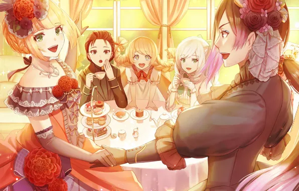 The tea party, neckline, guy, necklace, fun, flower in hair, gloves elbow, at the table