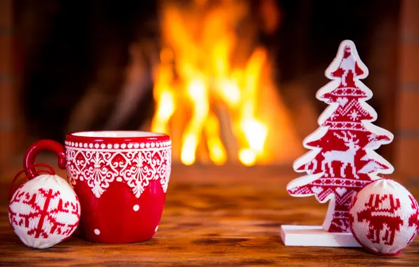 Picture decoration, New Year, Christmas, fire, fireplace, Christmas, cup, Xmas