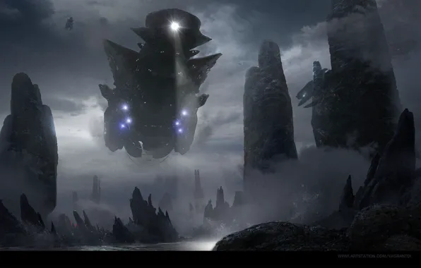 Rocks, ship, ray, surf, Descent