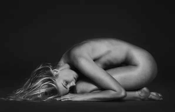 Black&white, girl, monochrome, model, nude, blonde, Elsa Hosk, dark background