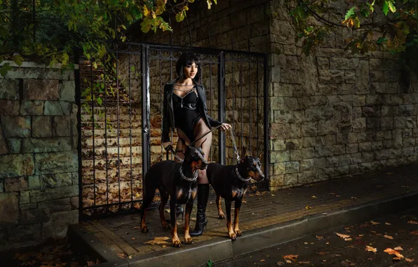 Girl, model, dogs, brunette, cute, boots, doberman
