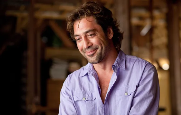 Picture male, actor, smiling, Javier Bardem, lilac shirt, the Spaniard, Javier Bardem