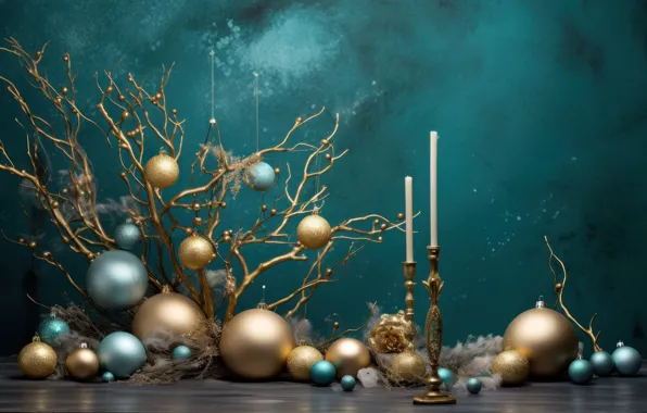 Balls, green, Christmas, New year, green background, gold, side, Christmas decorations