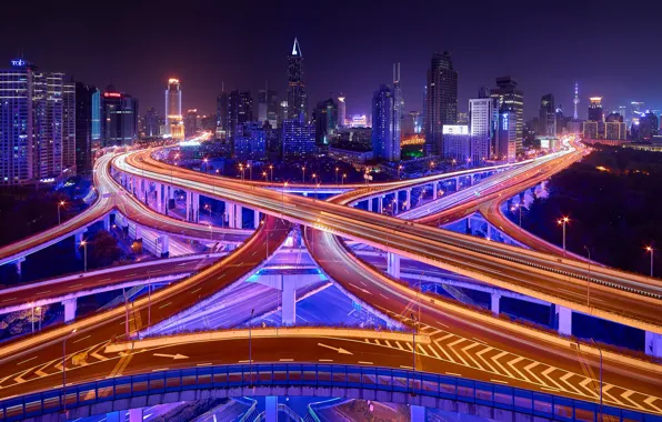 Road, light, night, the city, lights, excerpt, China, Shanghai