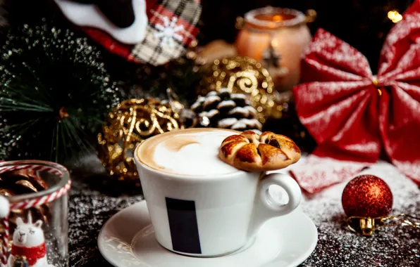 Balls, snow, glass, table, Shine, coffee, candles, cookies